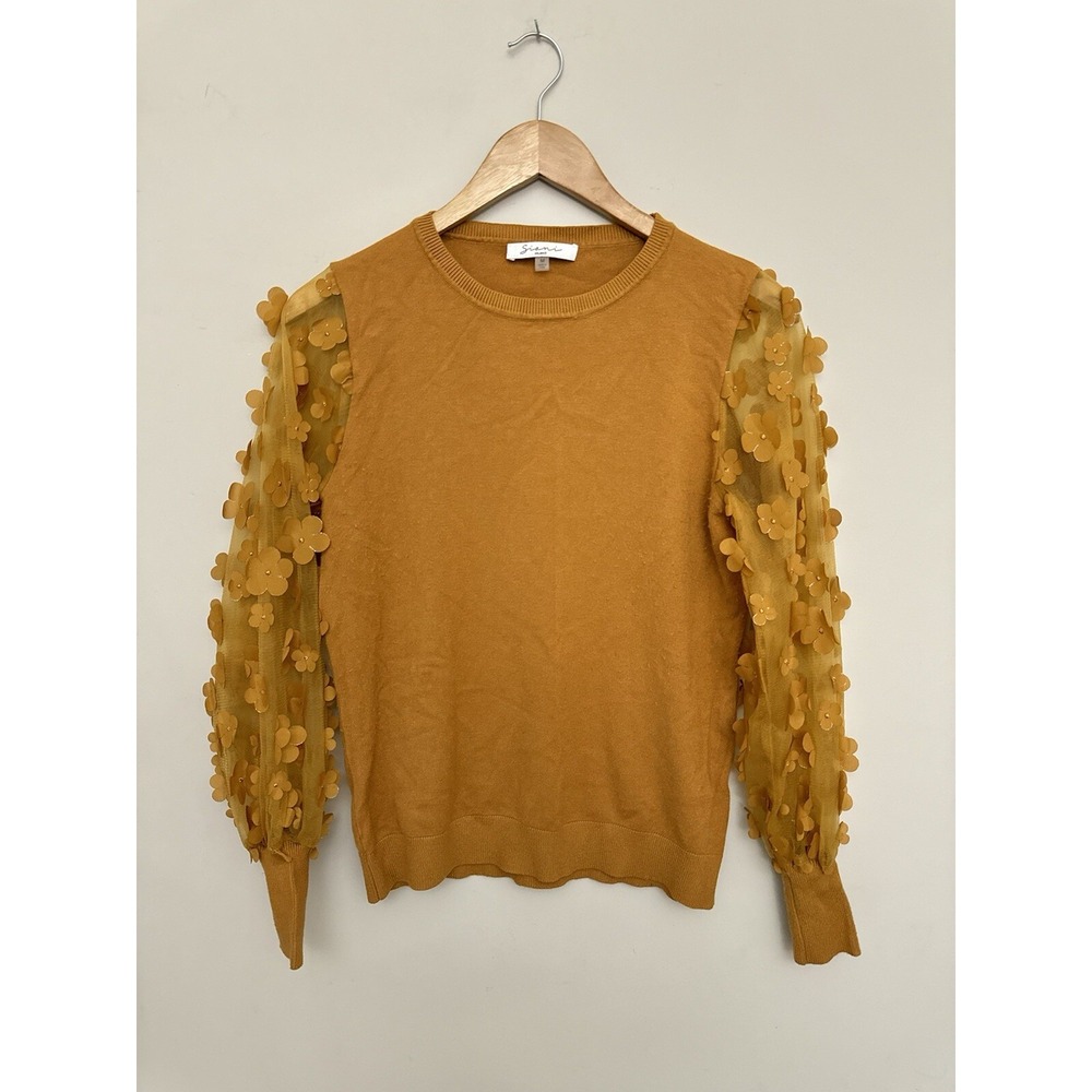 Sioni Milano Women's Sweaterโ Medium Applique Floral Mesh Sleeve